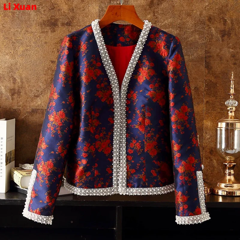 Quality Elegant Spring Autumn Brocade Short Flower Beaded Coat Round Neck Slim Fit Collarless Jacket Blazer Small Fragrance Top