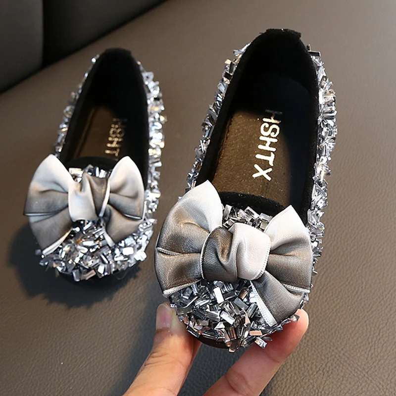 

2021 Spring New Girls Shoes Korean Bow Rhinestone Princess Shoes Girls Fashion Wild Soft Sole Shoes
