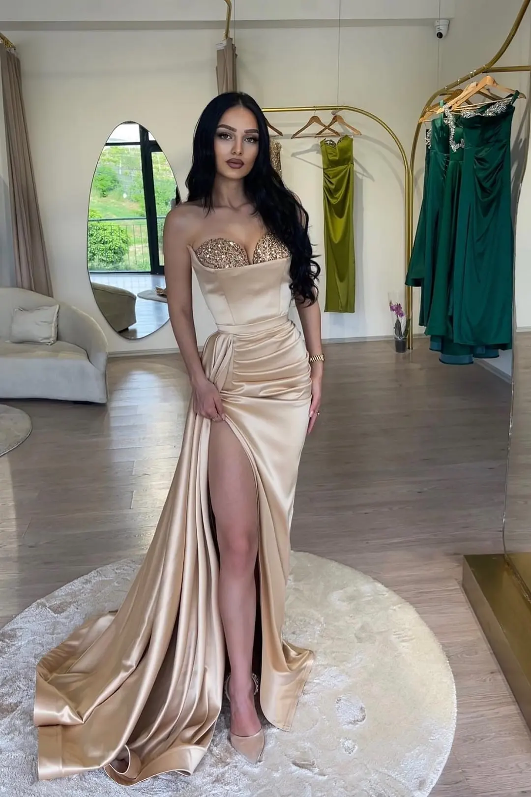

Champagne Satin Evening Dresses for Women Party Elegant Long Sweetheart Sequin Formal Dress for Teens with Split vestidos
