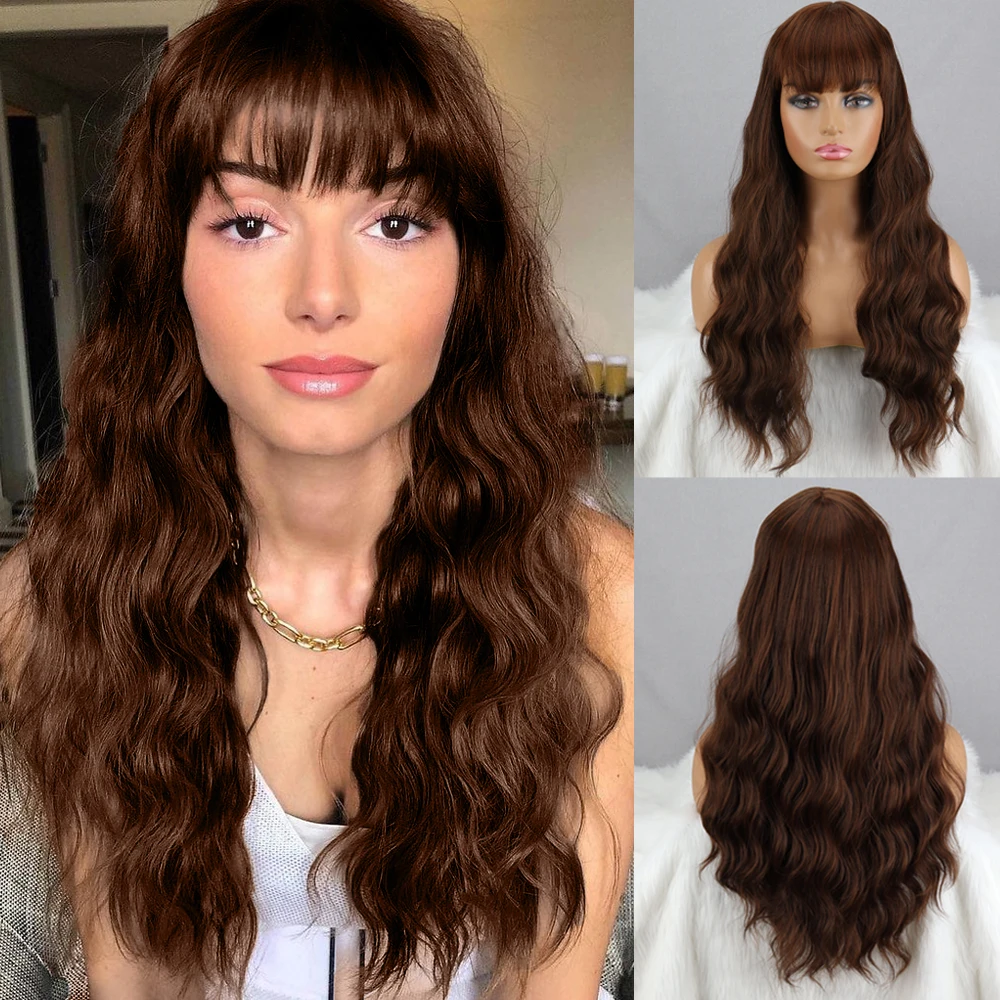 

Light Brown Water Ripple Long Wigs For Women Human Hair Have Bangs Pink Blue Synthetic Wig Female Fiber