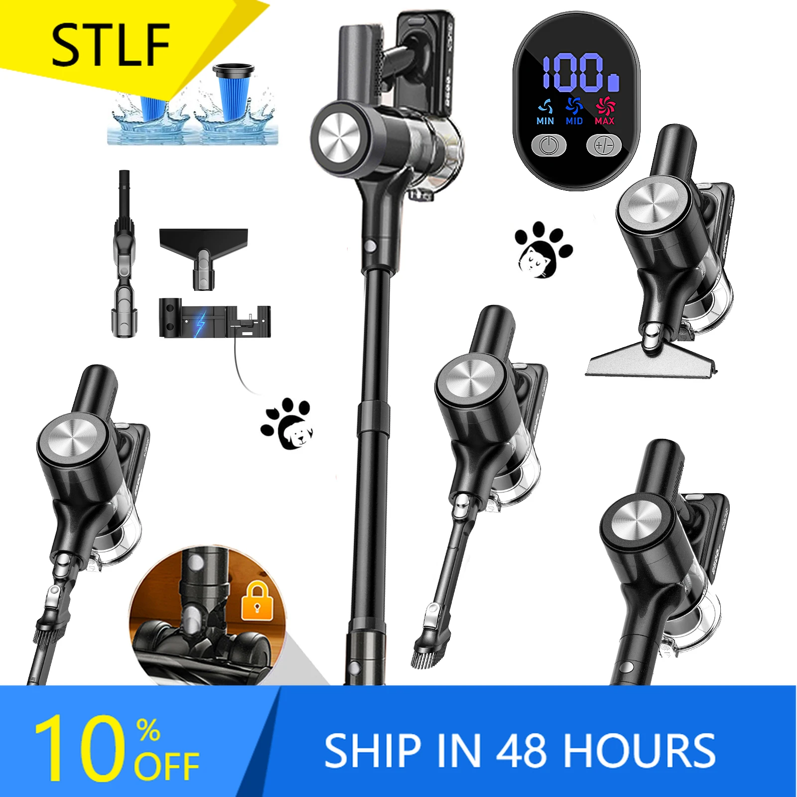 Фото Беспроводной вертикальный пылесос STLFCordless 46 кПа/500 Вт, 55 минут работы, самонесущая конструкция, LED-дисплей, щетка с защитой от спутывания, перезаряжаемый, для дома №1