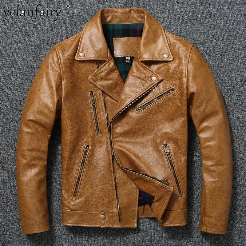 

Новинка, тяжелая мужская куртка из натуральной кожи, винтажное масло, воск, первый слой, Воловья кожа, мотоцикл, отворот, сгоревшая желтая куртка