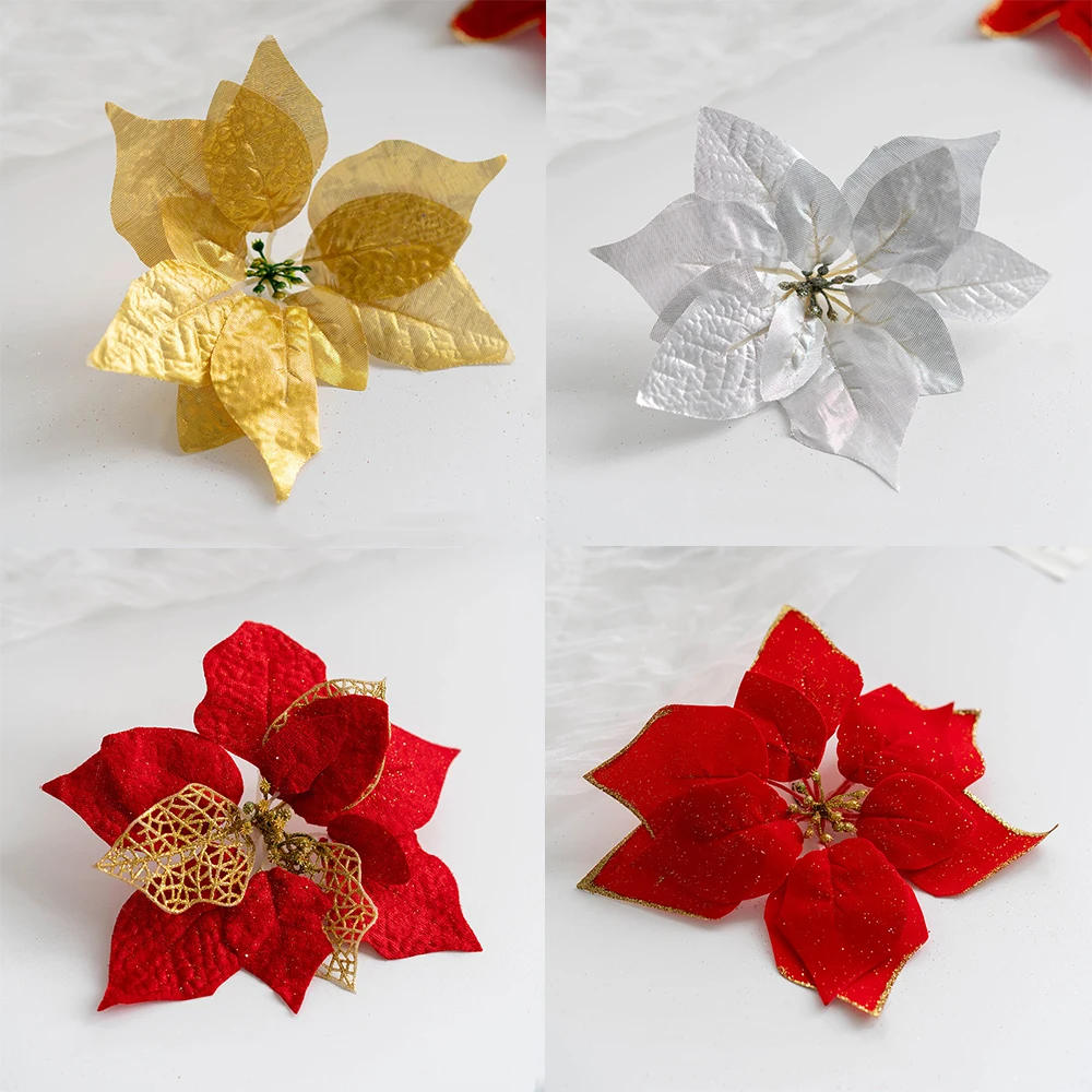 5 шт. 22 см блестящие искусственные пуансеттийские цветы Рождественская елка