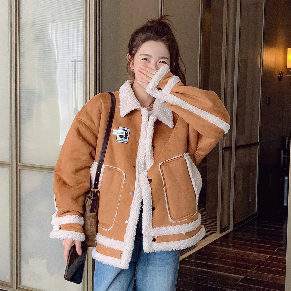 Lamb wool girl thickened cotton coat in winter