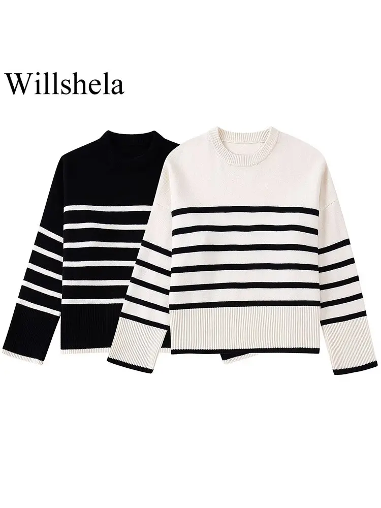 Willshela Women Fashion Striped Knitted Pullover Sweater Vintage O-Neck Long Sleeves Female Chic Lady Tops