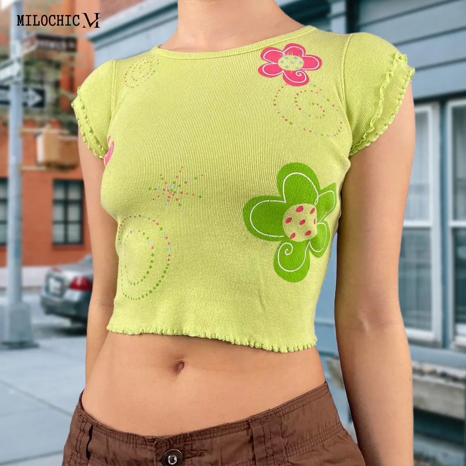 

Модный кроп-топ со звездным принтом в стиле Харадзюку, футболка для девочек с открытым пупком, сексуальный уличный костюм с коротким рукавом Y2k