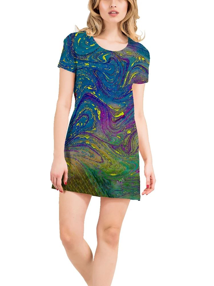 

Women's Short Sleeve T-Shirt Mid Length Dress Cotton Color Smudge 3D Print Women's Loose Plus Size A-Line Skirt