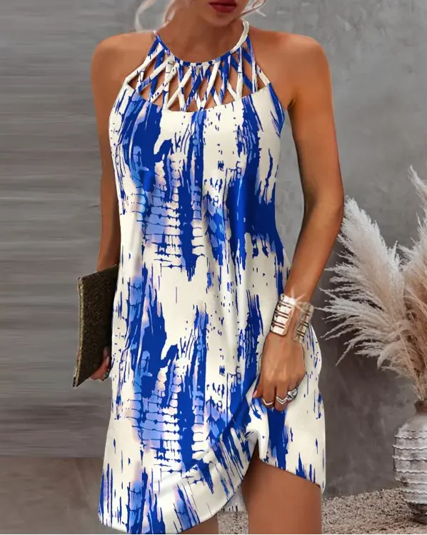 

CHAXIAOA 1 Piece Summer 2022 Women Tie Dye Print Hollow Out Sleeveless Casual Vacation Mini Dress