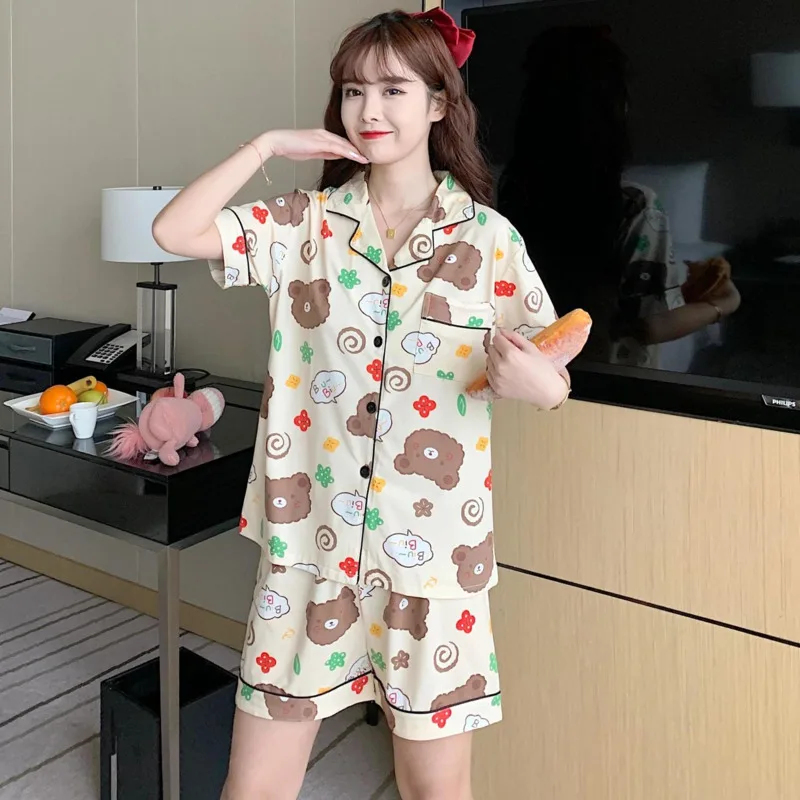 

Пижама в Корейском стиле с мультяшным принтом медведя, женские комплекты одежды, летняя Милая пижама для девочек-подростков, кавайная Пижама, одежда для сна