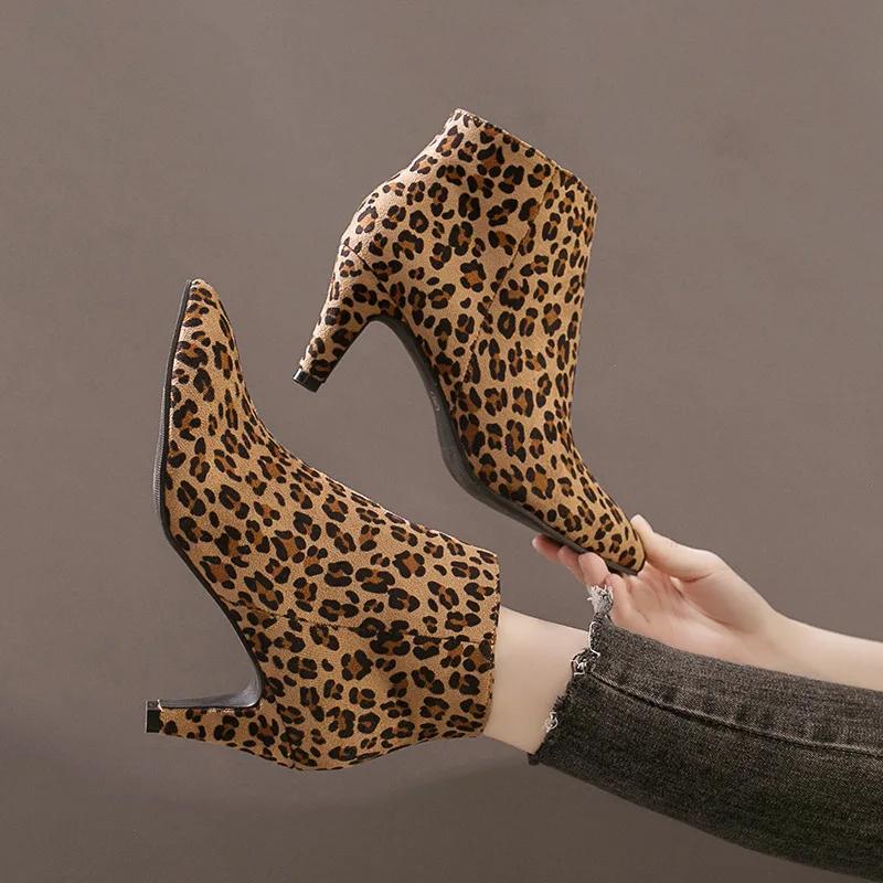 Boots Women Autumn Ankle Boots Sexy High Heels 7cm Leopard Short Winter Woman Boots Female Adult Shoes Casual Ladies Plus Size