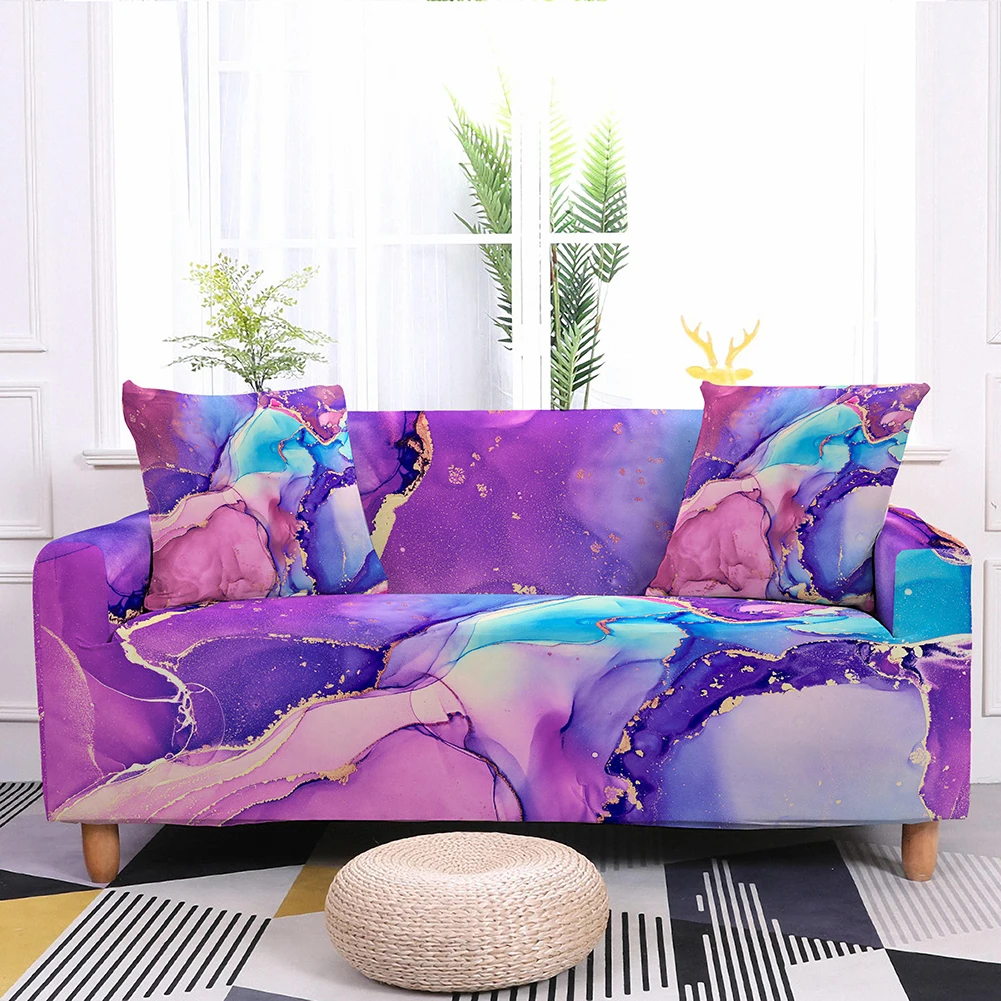 Эластичный чехол для дивана акварельный под золото и мрамор гостиной