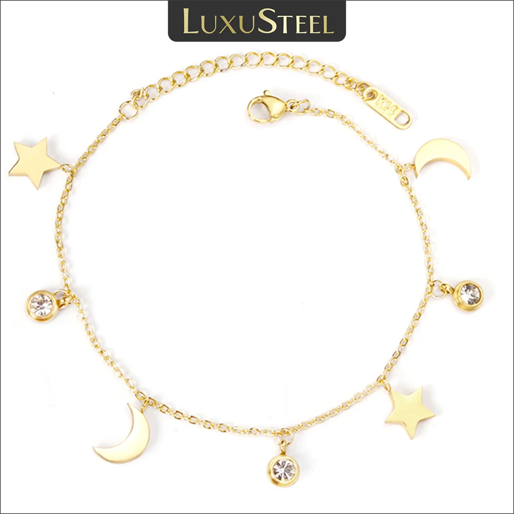 

LUXUSTEEL Stainless Steel Star Moon Round Cubic Zirconia Pendants Women Link Chains Bracelets Simple Gold Extender Bracelets