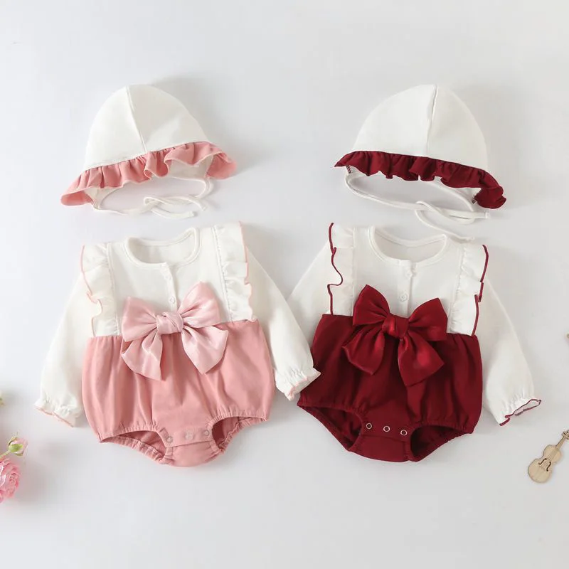 

Newborn Baby Girl Clothes Spring and Autumn Long Sleeves Cotton Romper Suit Cute Bow Infant Baby Girl Romper with Hat Jumpsuit