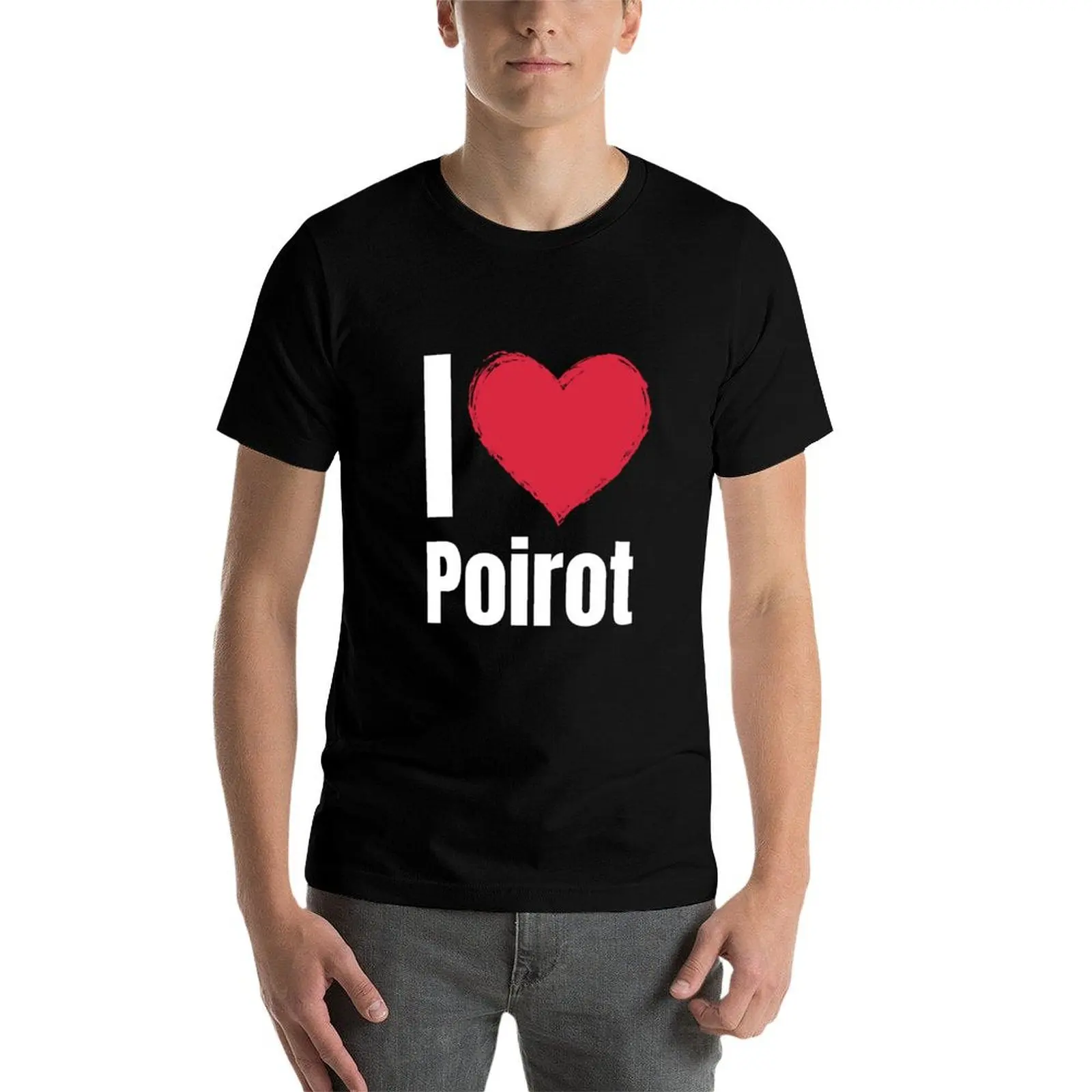 Фото Футболка I love Poirot, черная, хлопковая, однотонная, для мужчин, 100% хлопок, приталенный крой. №3