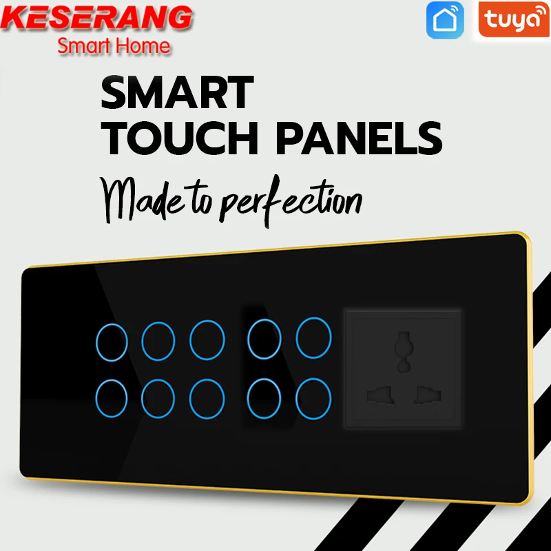 

British Standard Prima 10+1 Touch Panel Smart Tuya WIFI Switch 10 Gang with WIFI Socket,6 Gang WIFI Fan Dimmer Switch 252mm