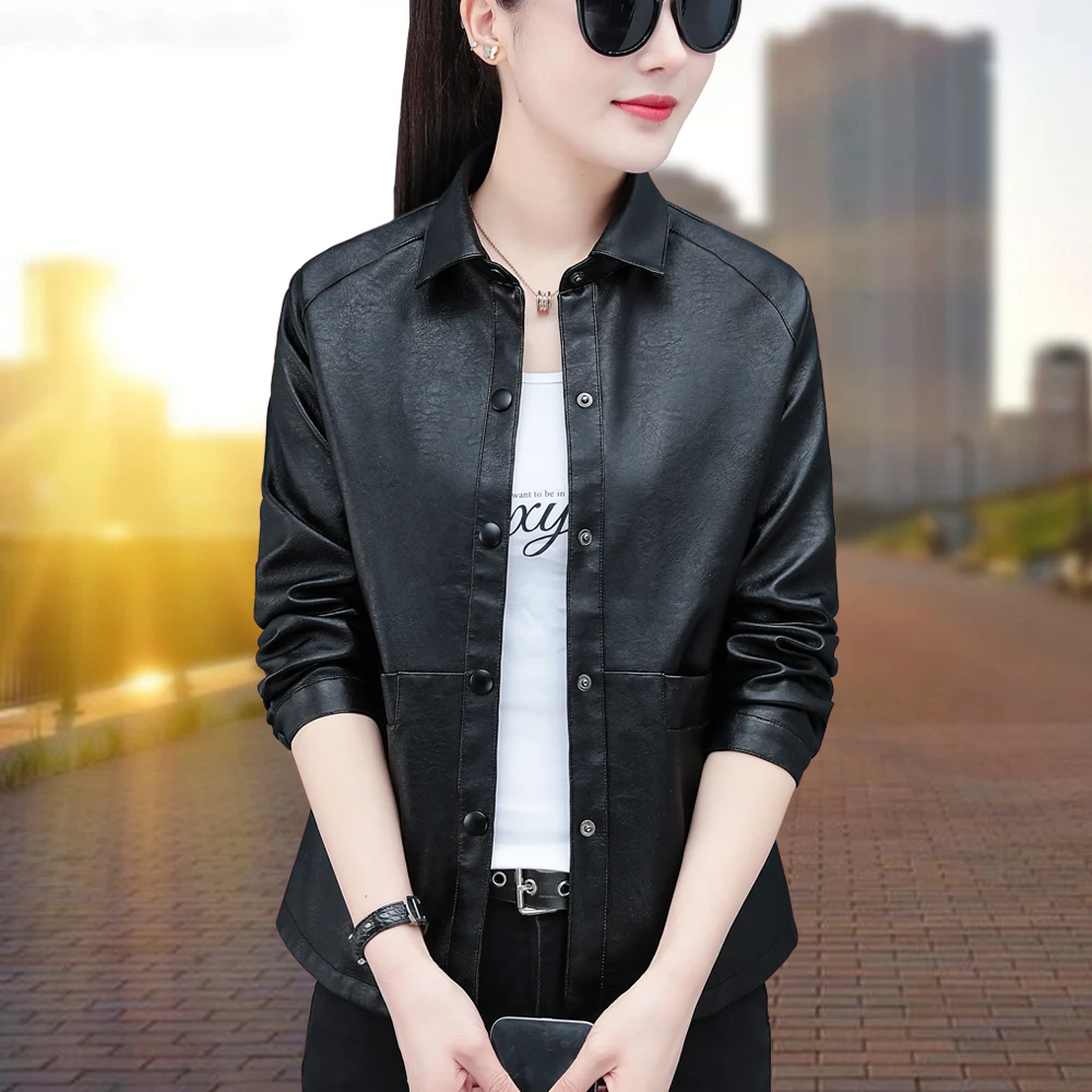New Women'S Mother'S Short Top Coat South Korean Versatile Fashion Lapel Pu Leather Spring Autumn Winter Leather Jacket Female enlarge