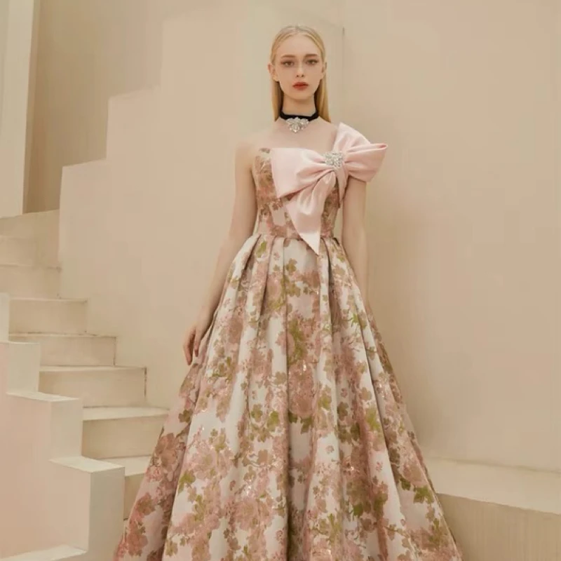 

Gorgeous Strapless Evening Dresses Floral Print French Style With Bow Fairy Crystal A-line Prom Party Gowns Woman Vestido 2023