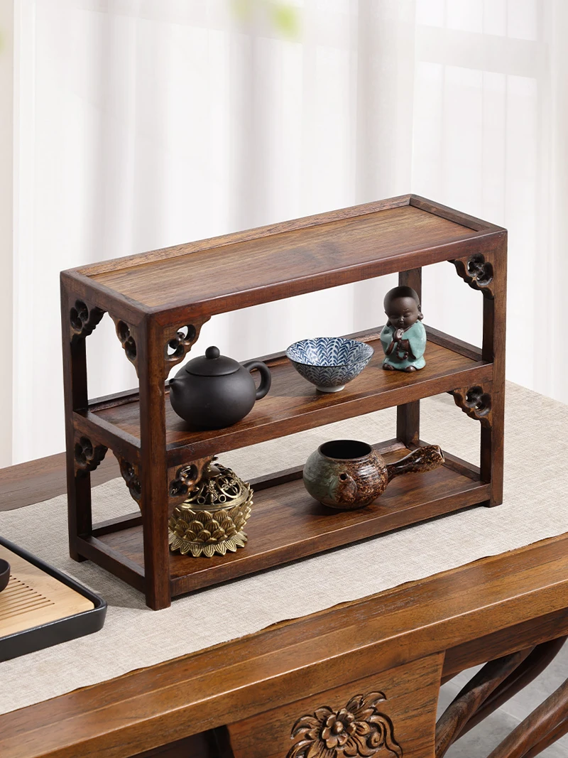 

Double Layer Carving Chinese Kung Fu Tea Trays 43x16x30cm Display Teapot Natural Teak WoodStorage Cabinet Shelf Saucer Pot Craft