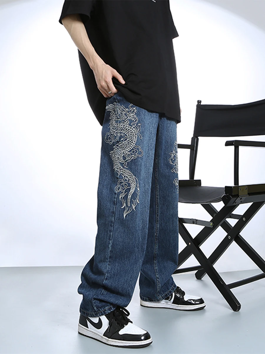 Four Seasons Vintage Chinese Dragon Embroidery Blue Jeans Men Straight Loose Casual Pants Fashion Streetwear Ins Hot Sale Denim
