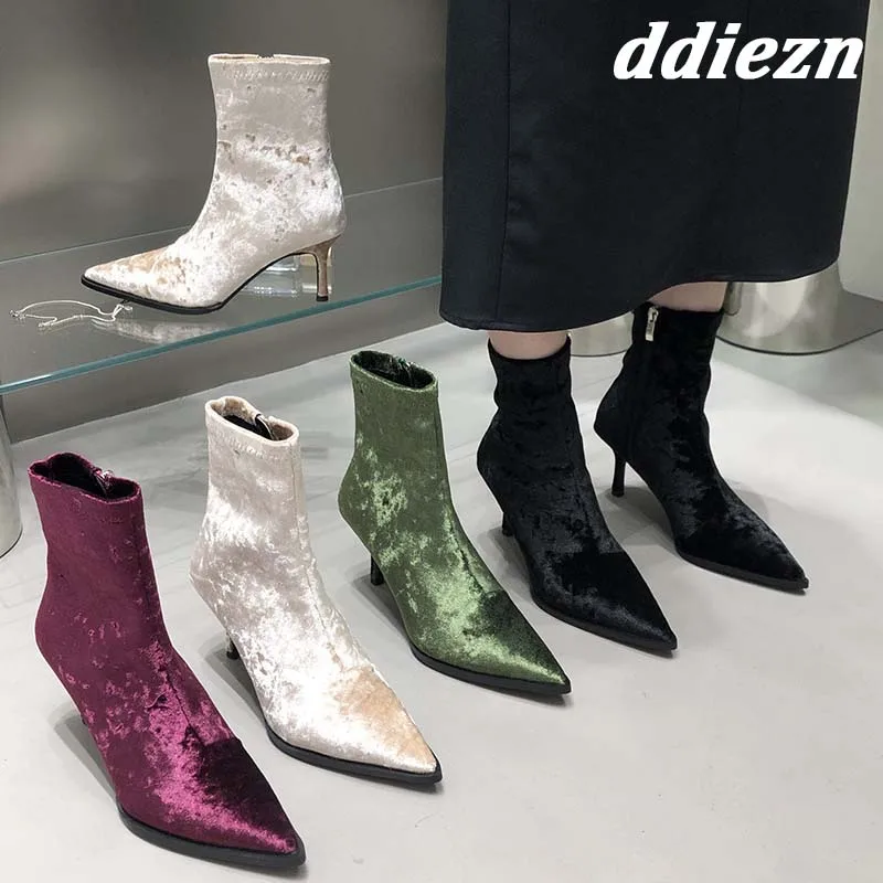

2023 New Autumn Spring Pointed Toe Heels Ladies Modern Stretch Boots Fashion Silk Women Ankle Boots Zippers Female Pumps Shoes
