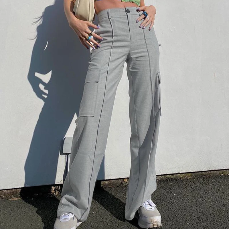 

2021 Women Big Pockets High Waist Patchwork Trouser New Grey Baggy Oversize Wide Leg Sweatpants Fall Jogging Casual Capri Pants