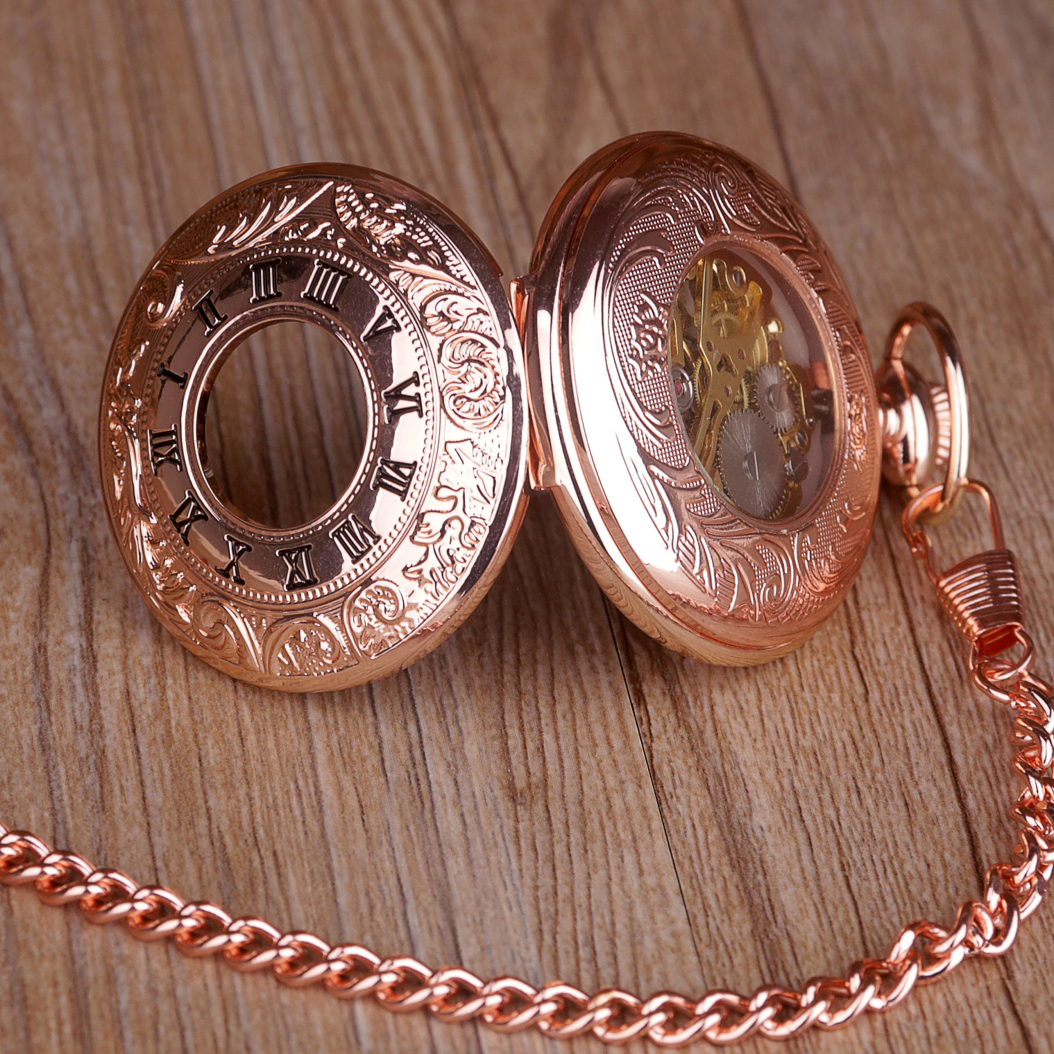 Vintage Premium Rose Gold Roman Numeral Display Mechanical Pocket Watch Ladies Pendant Clock Strap Chain Gift