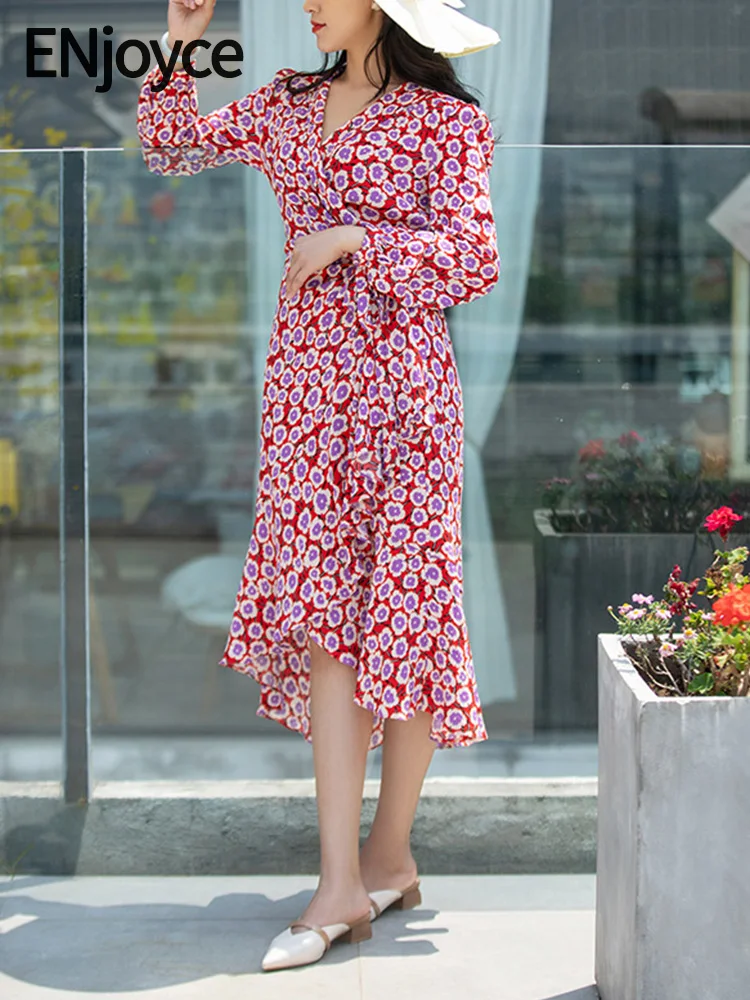 

Женское платье с длинным рукавом ENjoyce, красное праздничное платье миди с длинным рукавом и запахом, облегающее платье с высокой талией и разрезом, лето 2019