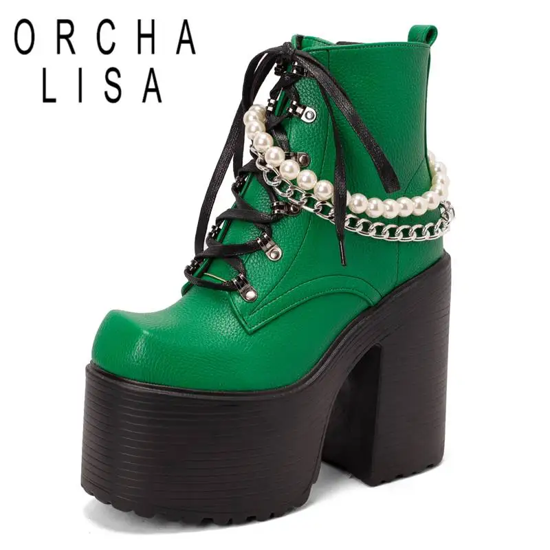 

ORCHA LISA Ladies Ankle Boots Square Toe Chunky High Heels 14cm Platform Hill 8cm Zipper Lace Up Chain Beads Big Size 43 44 Punk