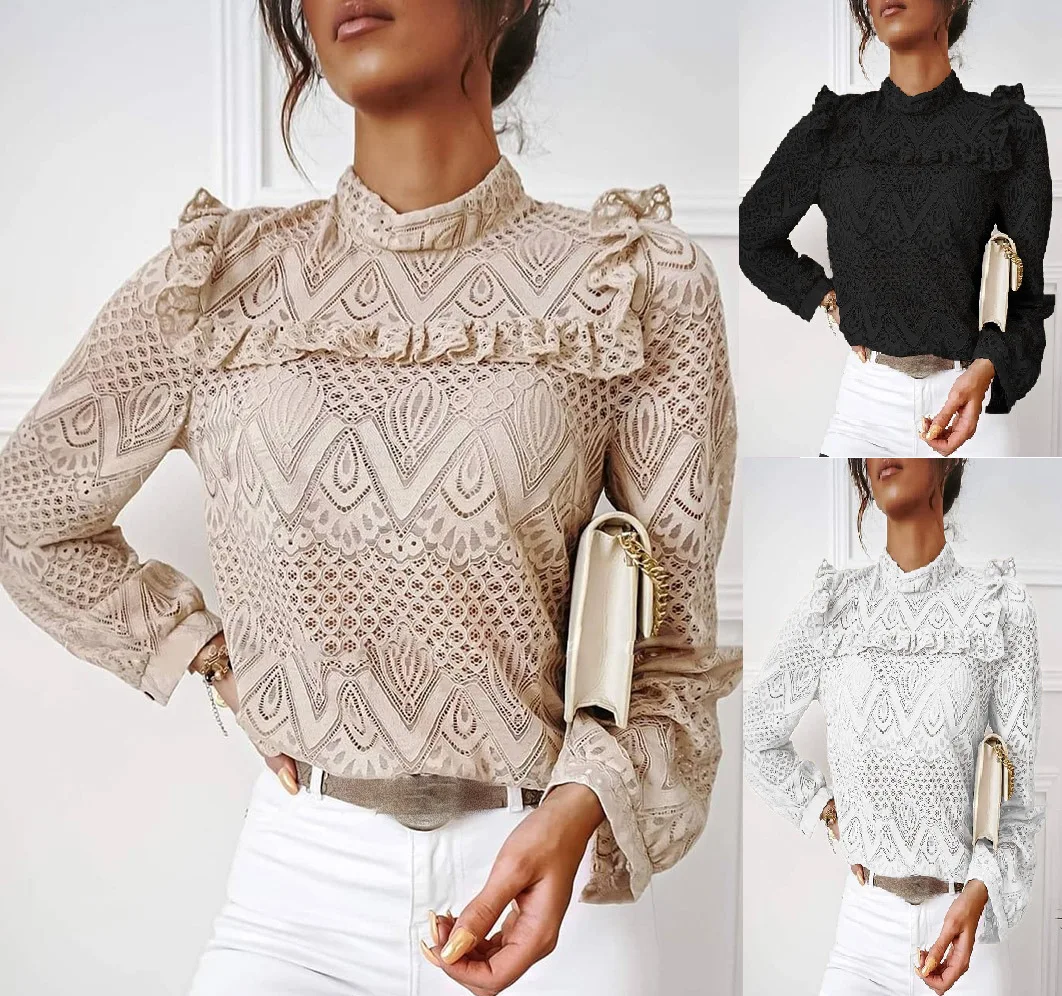 

Elegant Women's Blouse Lace Ruffles Long Sleeve Hollow Out Pullover Top Spring Fall Fashion Round Neck OL Blouse Plus Size 2XL