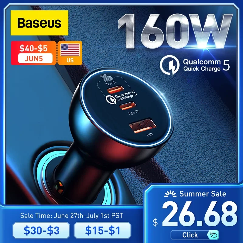 

Автомобильное зарядное устройство NEW2023 Baseus 160 Вт QC 5,0, быстрая зарядка PPS PD3.0, быстрая зарядка USB Type-C для iPhone 13 12 Pro, ноутбуки Ta