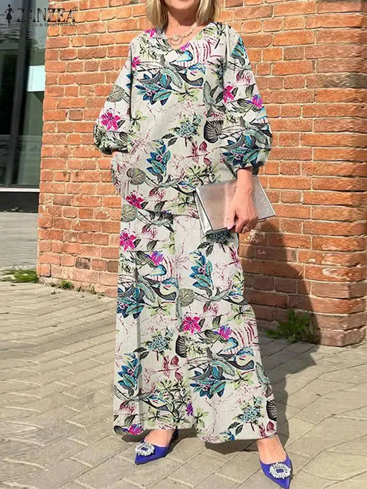 

Костюм ZANZEA женский из 2 предметов, хлопковый спортивный костюм с широкими штанинами, топ с богемным принтом и V-образным вырезом, осень 2023