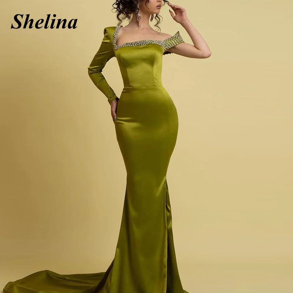 

Shelina Charming Mermaid Homecoming Dresses Crystal Square Collar Split Long Sleeve Sweep Train Vestido De Noite Custom Made