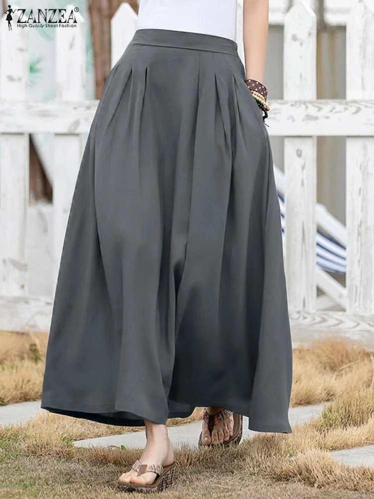 

ZANZEA Summer Solid Women Skirt A Line Pocket High Waist Pocket Maxi Dress Femme Fashion Casual Pocket Beach Party Loose Jupe