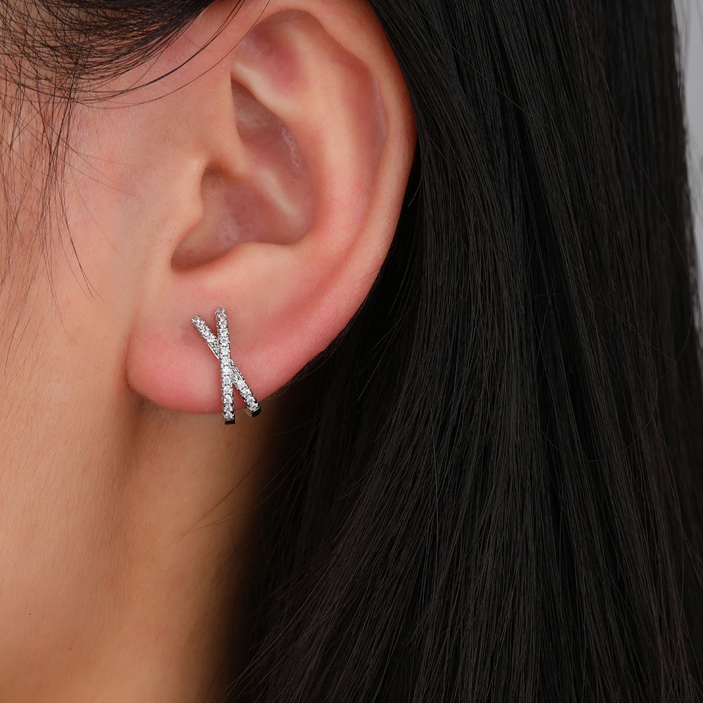 Poulisa Cross Cuff Stud Earrings for Women 925 Sterling Silver Micro Pave Zircon Non Pierced Cartilage Clip CZ Earring on Ear