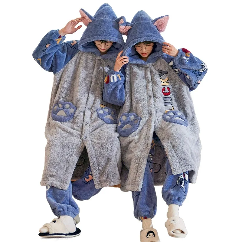 QUHENG Winter Flannel Pajamas Set Women Man Stitch Cartoon Pijamas  Home Clothes Suits Autumn Full Sleeve Warm Pyjama Sleepwear