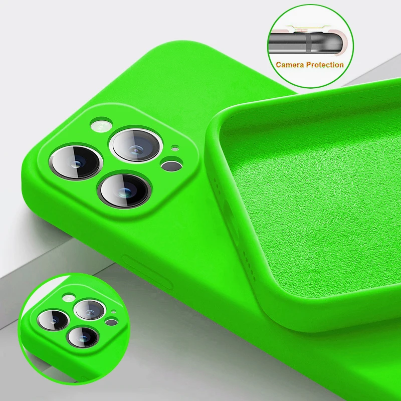NEW Fluorescent Green Square Silicone Case For iPhone 14 11 Pro Max 13 12 Mini X XR XS 7 8 Plus SE 2022 Shockproof Cover Cases
