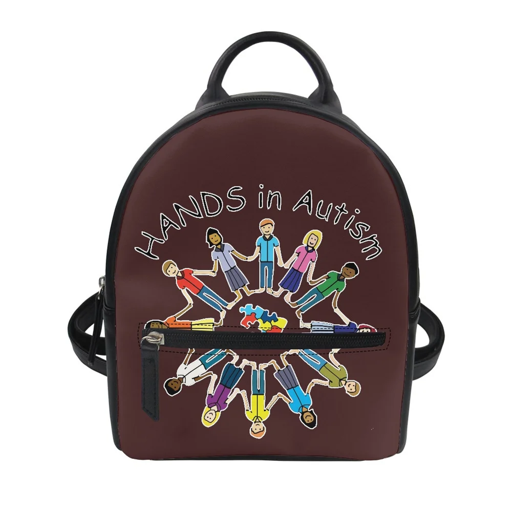 

2022 Stylish PU Leather Ipad Compartment Women's Aesthetic School Casual Small Backpack Bags Custom Autism Awareness Day Print