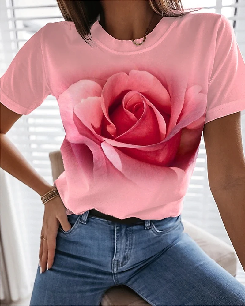 

Beautiful Flower T-shirt Women 3d Rose O-neck Short Sleeve For Girls Casual Streetwear Top Shirt Fashion Oversized Ladies Tshirt