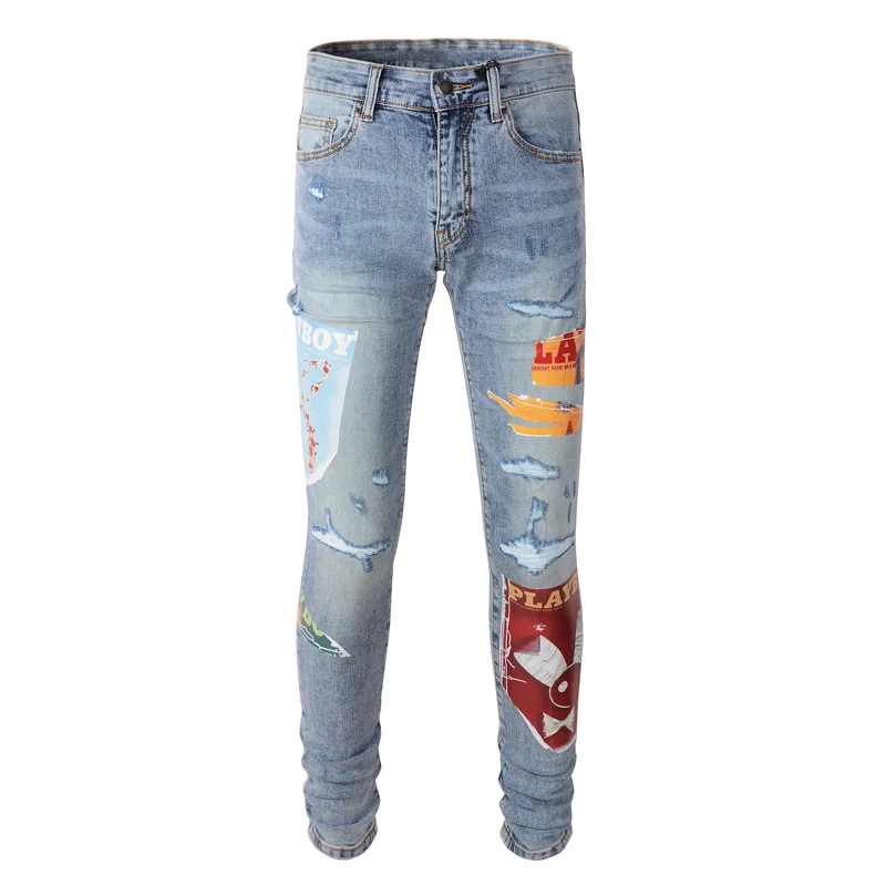 Newly Fashion Designer Men Jeans Retro Light Blue Stretch Slim Fit Patch Ripped Jeans Men Streetwear Hip Hop Brand Pants Hombre