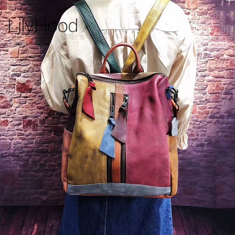 Oversized Women Vintage Cowhide Leather Backpack Travel Casual Retro Quality Genuine Leather Patchwork Big Capacity Bagpack