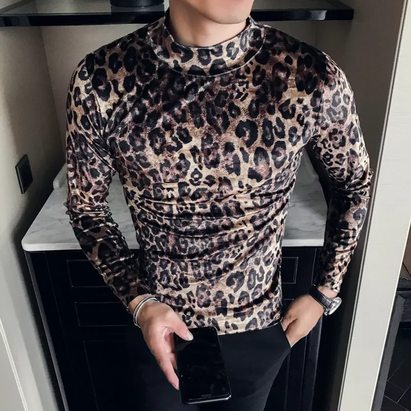 

2022NEW Leopard T-shirt 2019 Winter Men's High Quality Velvet Men's Tops Slim High-neck T-shirt Long Sleeve Men T-shirt