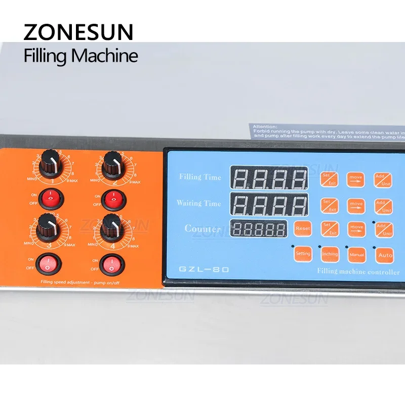 Фото ZONESUN ZS-YTDP4 Полуавтоматическая машина для розлива жидкостей с 4 головками, электрическим цифровым управлением и насосом для воды, соков, масла в бутылки и банки №2