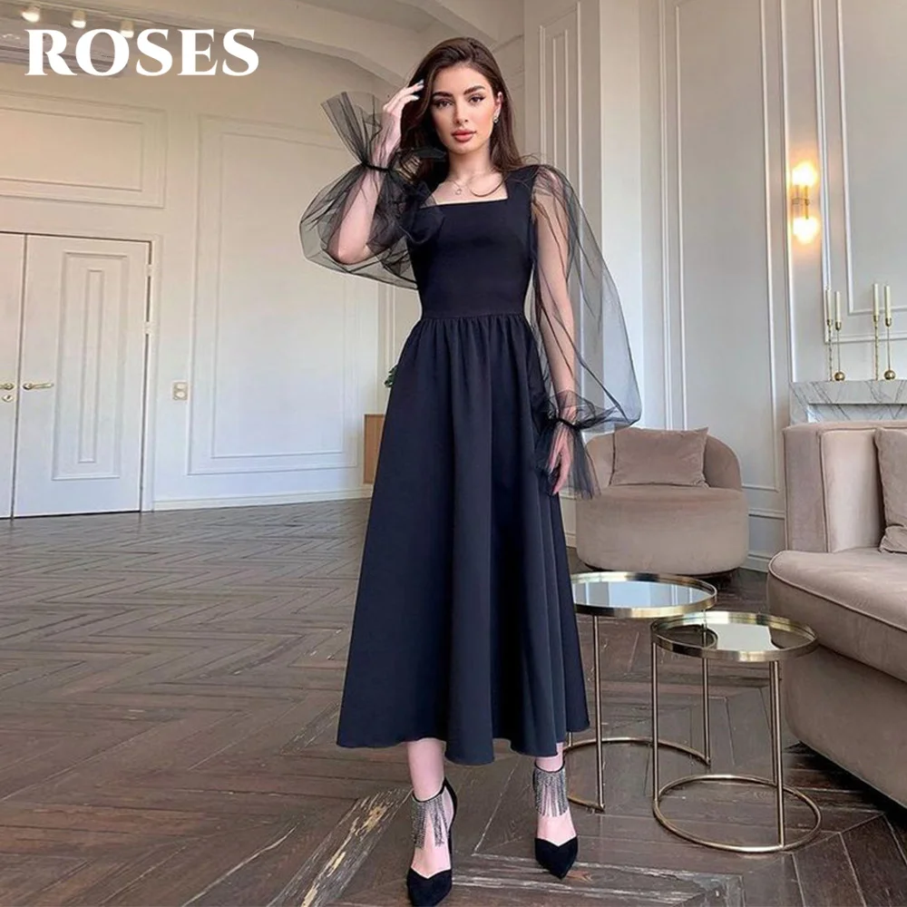 

Square Collar Evening Gown A Line Elegant Prom Dress Long Sleeves Wedding Evening Dress Stain Custom Made robes de soirée