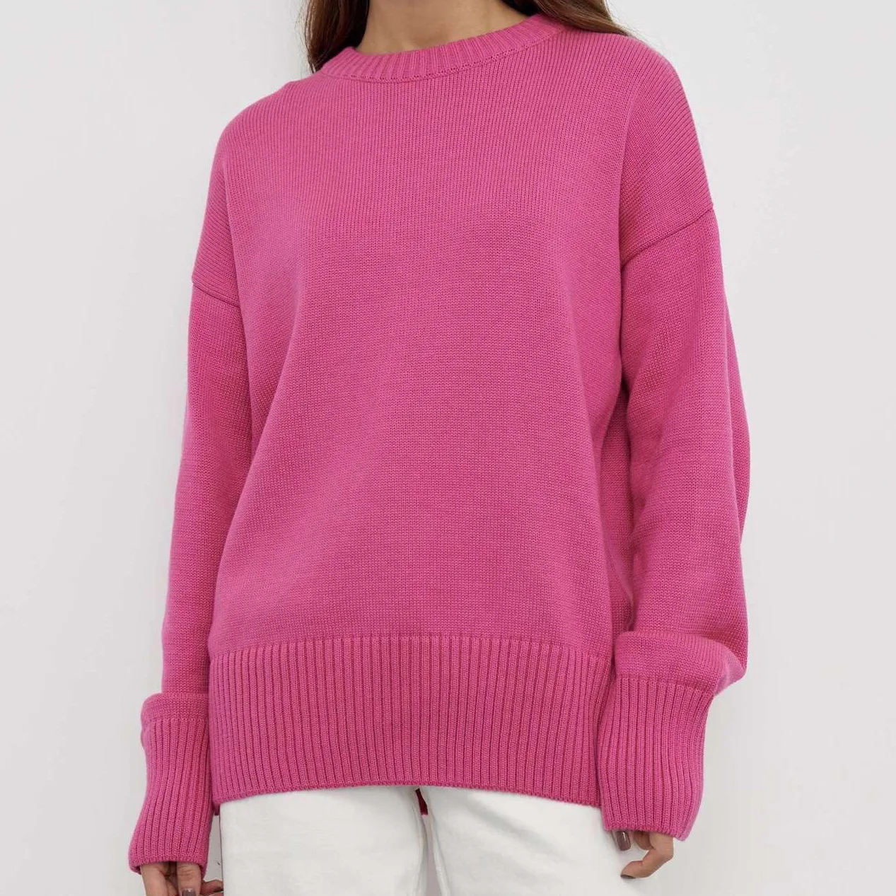 

Brandy Women Fashion With Ribbed Trim Loose Knit Sweater Vintage O Neck Long Sleeve Female Pullovers Chic Knitted Tops