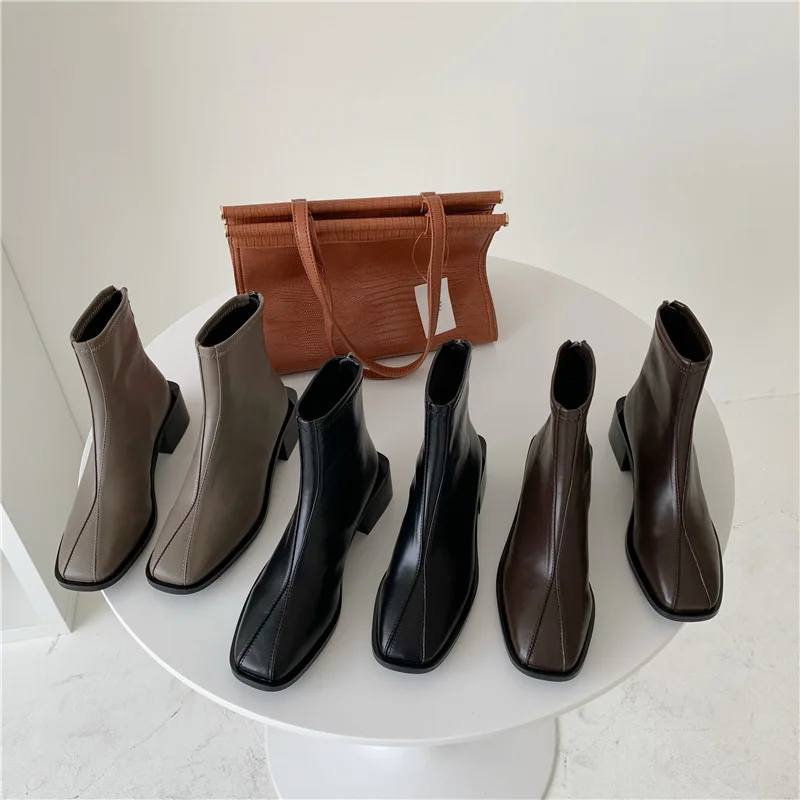 

Женские ботильоны на молнии, серые/черные/коричневые повседневные короткие ботинки на квадратном каблуке, обувь для весны и осени, 2022