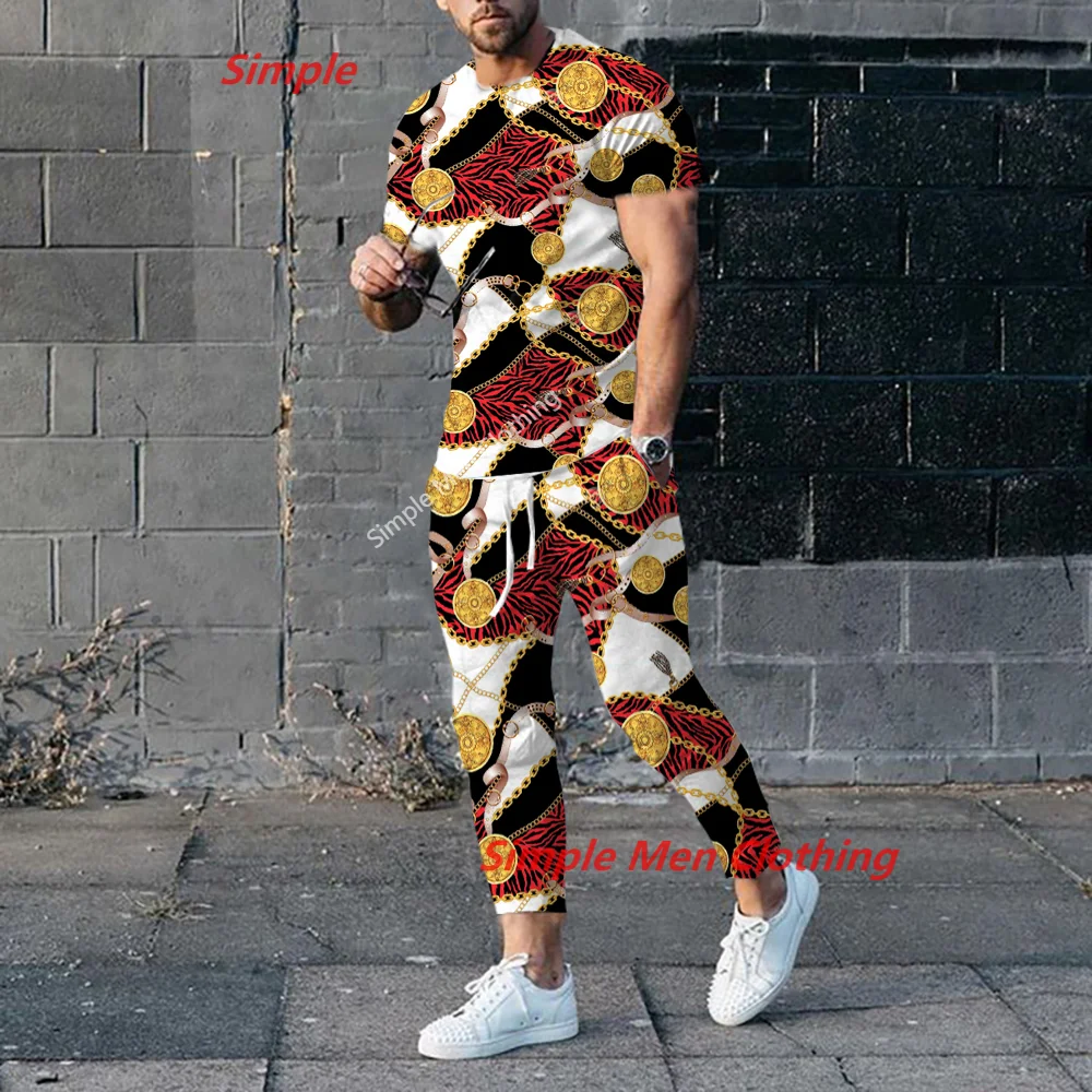 New Summer Men's Trousers Tracksuit 2 Piece Set 3D Print Sportwear Short Sleeve T Shirt+Long Pants Outfits Men Clothes