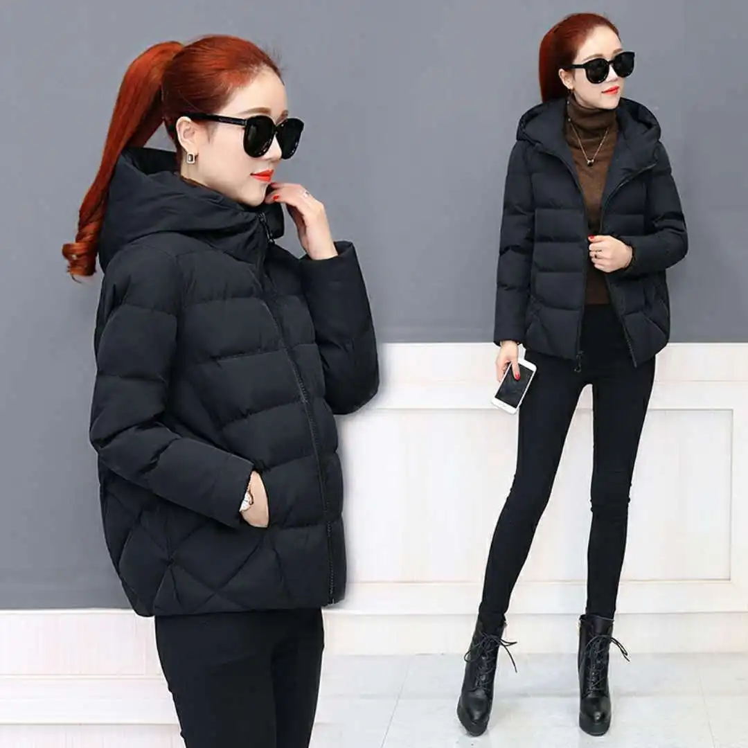 2023 New Women Winter Jacket Short Warm Solid Parkas Female Loose Coat Cotton Padded Parka Korean Style Hooded Outwear C14