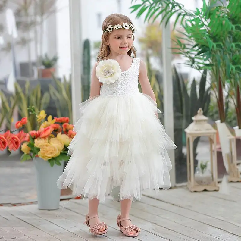 Новое летнее кружевное платье для девочек принцессы с цветами в несколько рядов