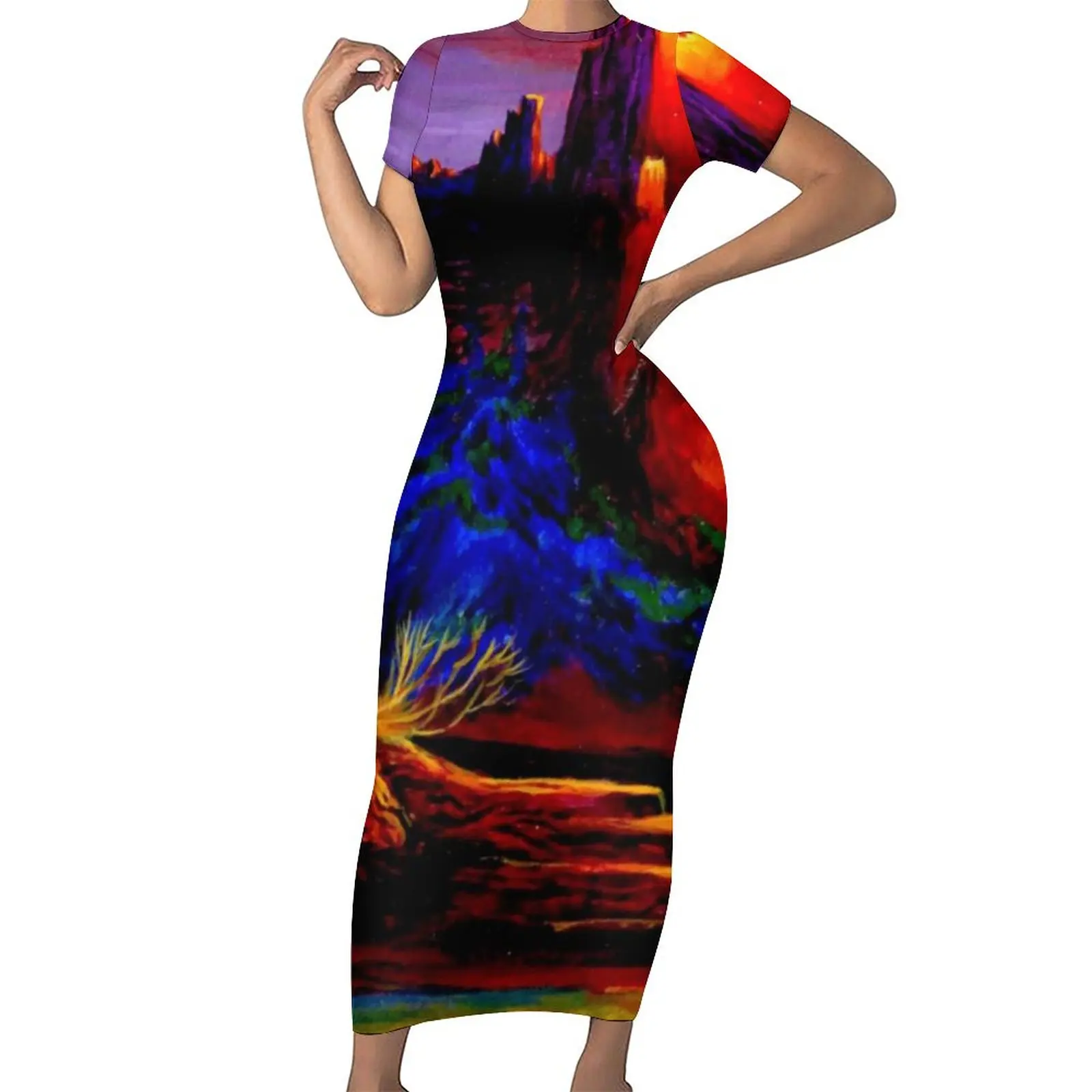 

Облегающее платье с принтом пустыни, праздничные пикантные Макси-платья с принтом гор и заката, женское платье большого размера с коротким рукавом в эстетическом стиле на заказ