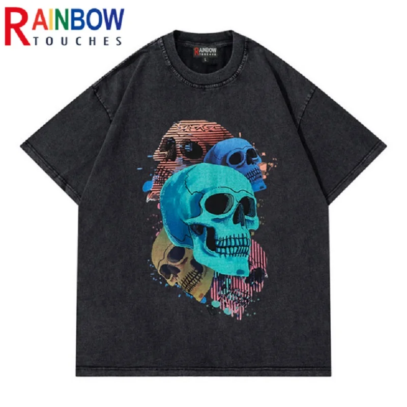 

Rainbowtouches Vintage T Shirt Skull Anime Graphic Oversized T Shirt Hight Street Fashion Mens Hip Hop Washed Camiseta Hombre